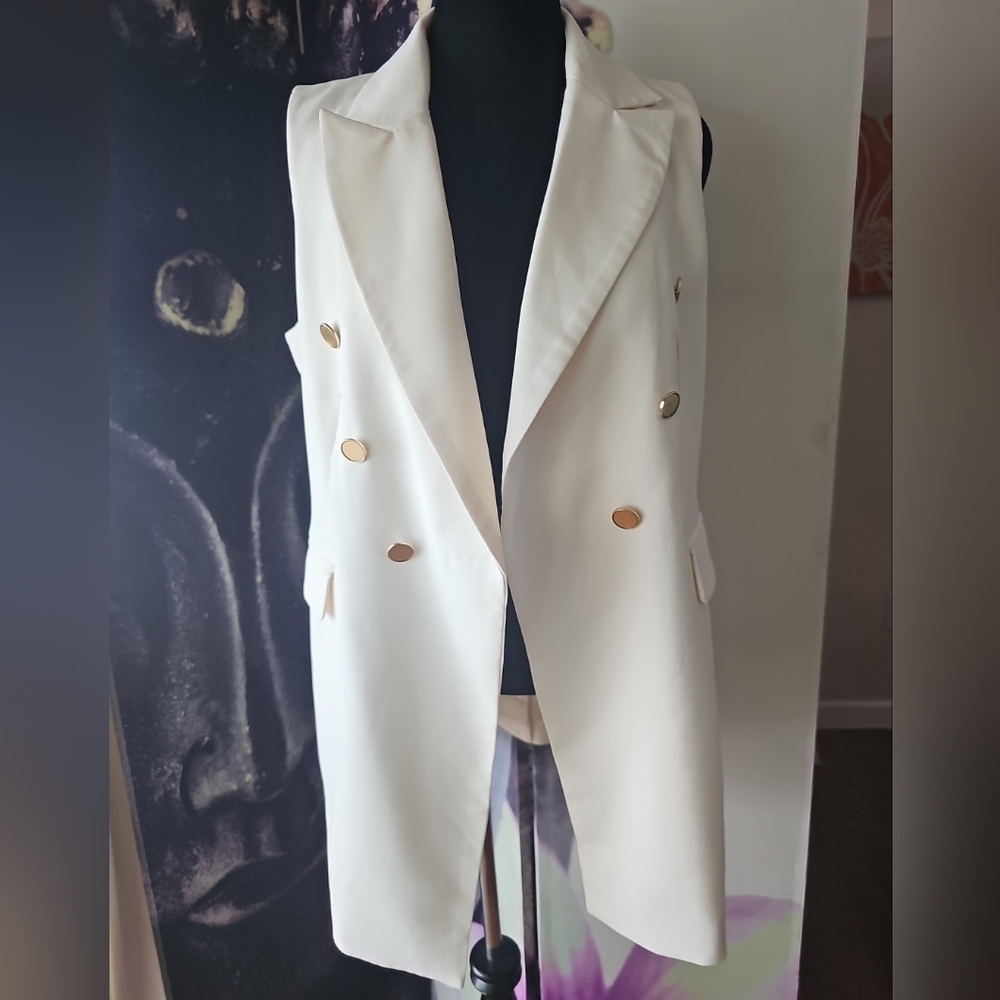 Joie Womens Long Vest Ivory Open Cardigan w/ Gold Buttons Size L
